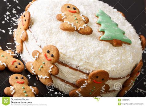 Christmas Festive Naked Cake With Gingerbread Cookies Close Up O Stock