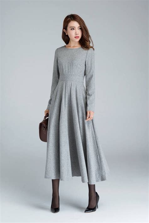 Long Sleeve Wool Dress Gray Dress Wool Dress Woman Dress Fit And