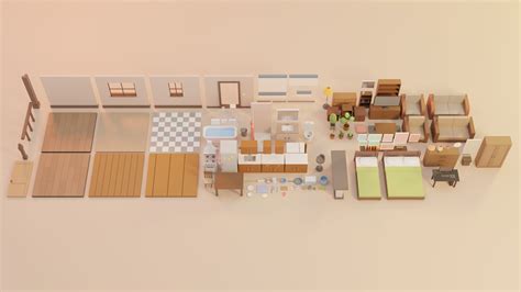 Modular House Interior Pack Tecknad Tillgång För Spel 3d Modell 10