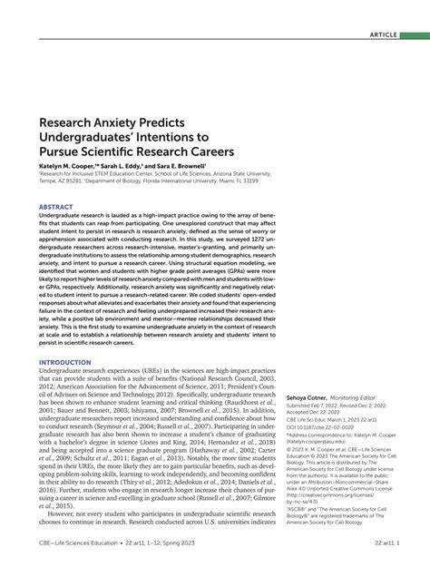 Pdf Research Anxiety Predicts Undergraduates Intentions To Pursue Scientific Research Careers