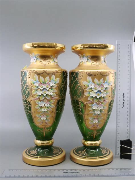 Lot Large Pair Of Green Bohemian Glass Vases With Gold Overlays With Floral Decorations 31cm H