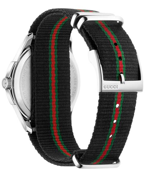 Gucci Mens Swiss G Timeless Black Striped Nylon Nato Strap Watch 40mm