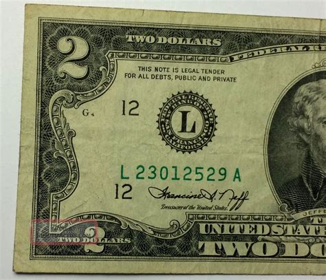 American Two Dollar Bill Error In Cutting Misaligned Circulated