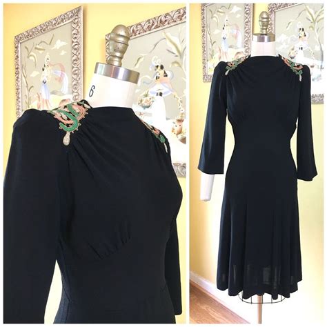 Late 30s Black Rayon Crepe Dress With A Quintessential 1938 9