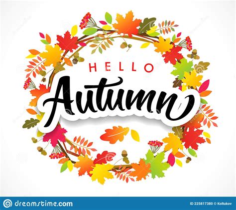 Hello Autumn Calligraphy Text With Wreath Leaves Stock Vector