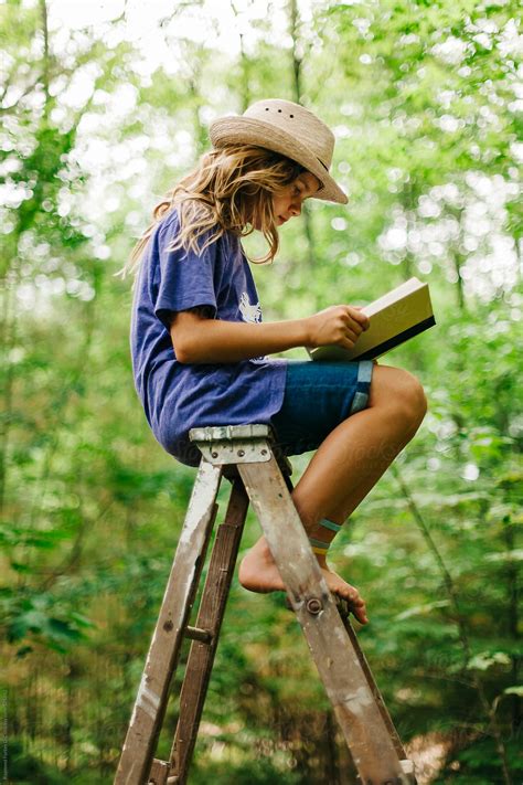 Calm Nature Forest Child Summer Reading A Book Barefoot Ladder By