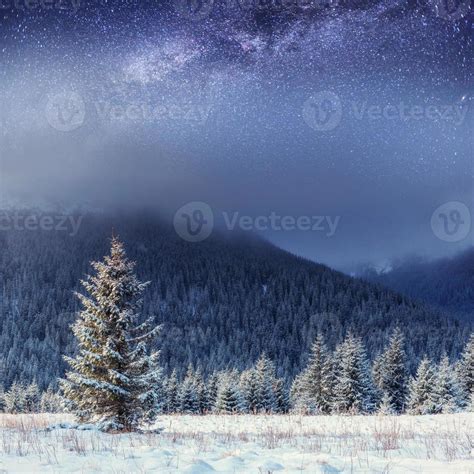 Starry Sky In Winter Snowy Night Carpathians Ukraine Europe 6466373