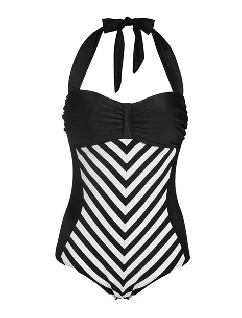 unique bargains women vintage one piece swimsuit black striped halter bathing swimwear us 10