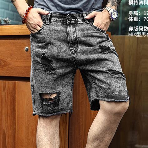 Grey Black Mens Denim Shorts Ripped Holes Burr Jeans Metrosexual Man Summer Brand Design Fashion