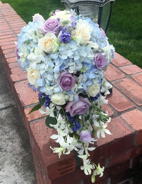 Blue Hydrangea And White Roses Cascading Bouquet Blue Wedding Bouquet