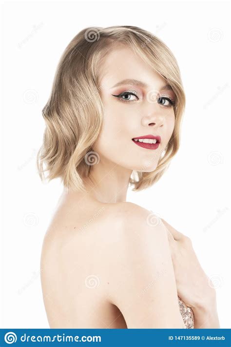 Cute Smiling Blonde Girl With Big Beautiful Eyes Red Lips And Vintage Style Hairstyle Wearing