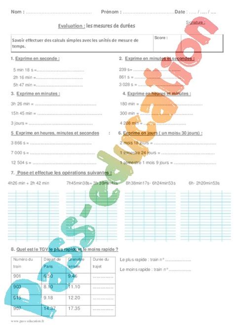 Evaluation Temps Et Durée Heure Minute Seconde Cm2 Cycle 3