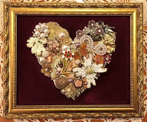 Handmade Upcycled Vintage Jewelry Heart Framed Artwork Vintage