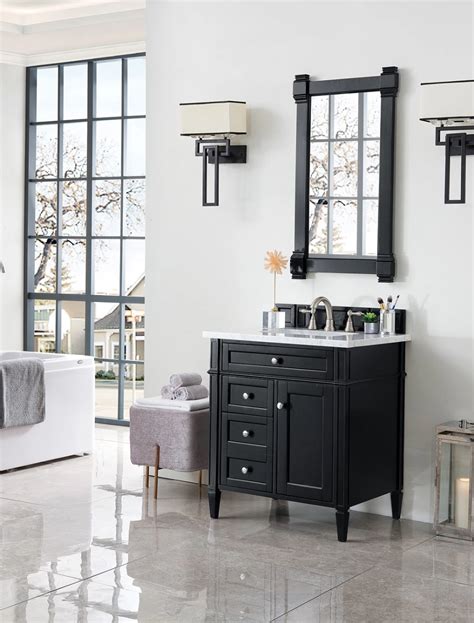 For powder rooms or guest bathrooms, wall hung and corner sinks usually do the trick and keep some free space for your toilet and other fixtures. 30" Brittany Black Onyx Single Sink Bathroom Vanity in 2020 | Single sink bathroom vanity ...