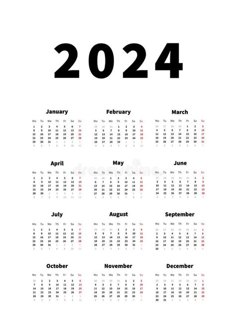 2024 Year Simple Vertical Calendar In English Language Typographic