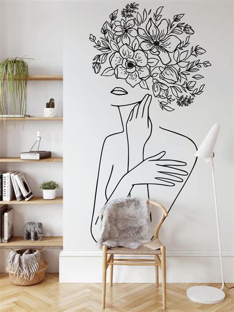 Woman With Flowers Ii Line Art Wallpaper Happywall