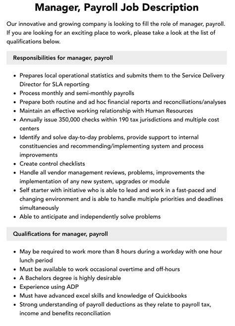 Manager Payroll Job Description Velvet Jobs