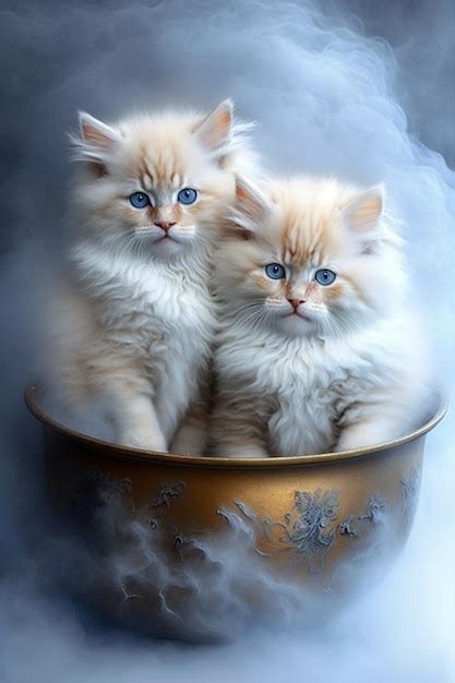 Premium Ai Image Two Fluffy White Kittens Sitting In A Gold Bowl