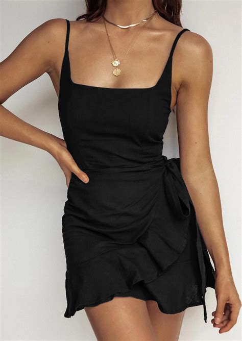 Ruffled Wrapped Spaghetti Strap Mini Dress Without Necklace Black