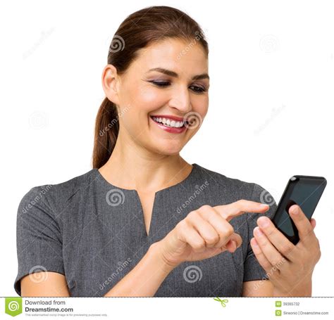 Businesswoman Touching Smart Phone Stock Photo - Image of happiness ...