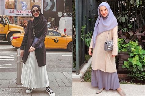 gaya hijab padu padan rok plisket ala zaskia sungkar tiru yuk stylo