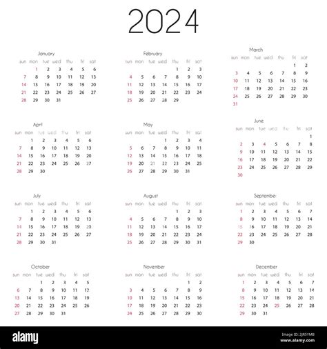 Modèle Dannée Civile 2024 Illustration Vectorielle Du Calendrier