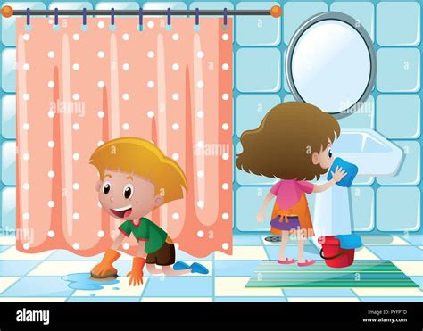 Boy And Girl Cleaning Bathroom Illustration Stock Vector Image And Art