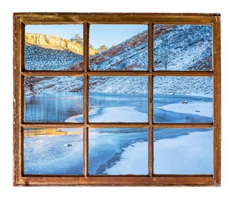 Mountain Lake In Winter Window View Stock Photo Image Of Primitive