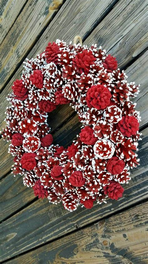 Unique Crimson And White Painted Pine Cone Wreath Christmas Pine Cones