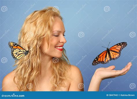 Beautiful Woman With Butterflies In Her Hand And H Stock Photo Image