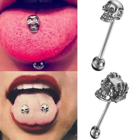14g Surgical Steel Tongue Ring Bar Punk Skull Ball Barbell Body