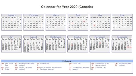 Canada 2020 Calendar With Holidays Holiday Words 2020 Printable