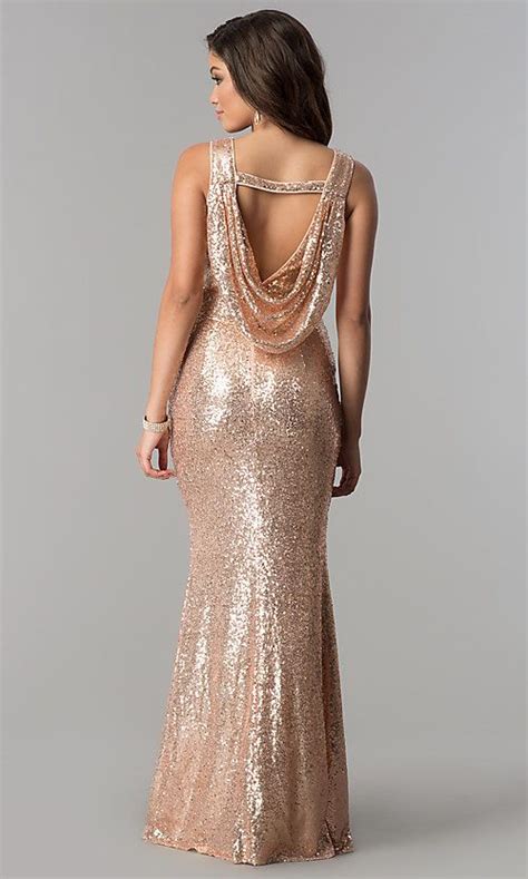Rose Gold Long Sequin Prom Dress With Cowl Back Gold Bridesmaid Dresses Gold Evening Dresses