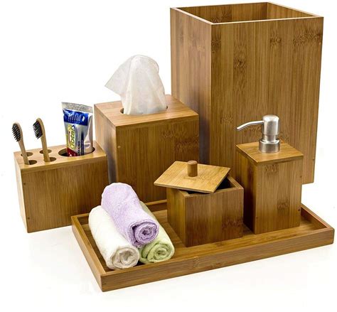 Bamboo Bath Accessories Set 6 Pieces Toilet Wooden Set Organizer