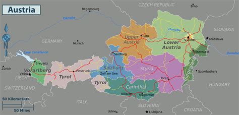 The capital and largest city, with a population exceeding 1.8 as a federal republic, austria is comprised of nine independent federal states (also. Large political and administrative map of Austria with cities | Vidiani.com | Maps of all ...