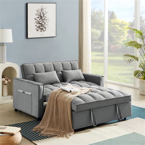 Zechuan Convertible Sofa Bed With Pull Out Bed 55 Tufted Velvet Loveseat Sleeper Sofa Gray
