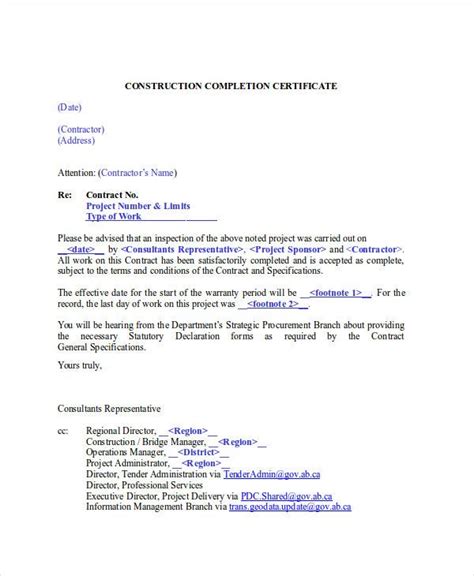 Construction Letter Of Completion Template