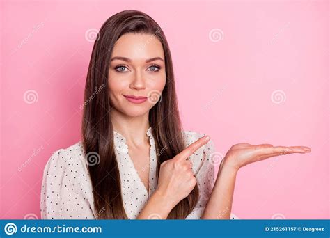 Photo Of Pretty Person Direct Finger Arm Palm Hold Demonstrate Empty