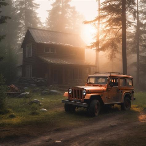 Premium Ai Image A House In The Woods With A Jeep Parked In Front Of It