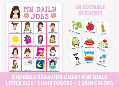 Printable Chore Chart For Girls 60 Editable Stickers Daily Etsy