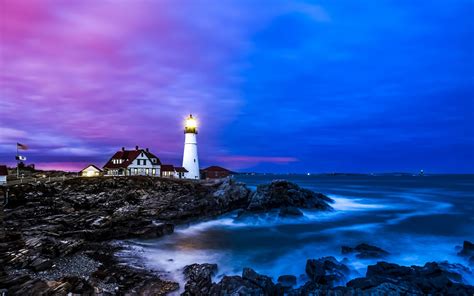 Portland Lighthouse Houses Coast Sea Dusk Blue Wallpaper Travel