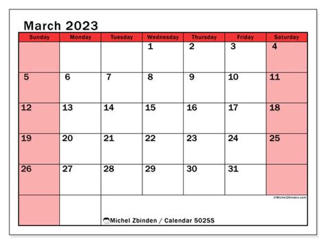 March 2023 Printable Calendar “502ss” Michel Zbinden Uk