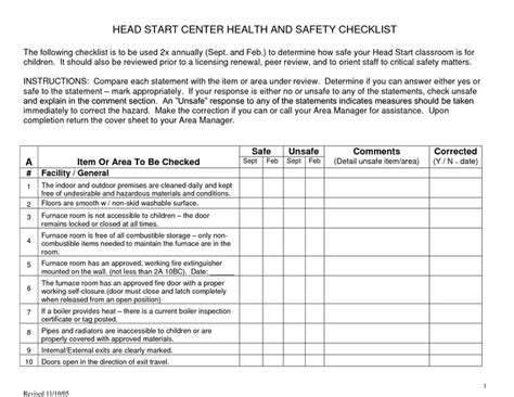 Head Start Center Health And Safety Checklist Safety Checklist