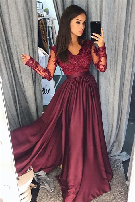 .wedding dress 2021 detachable train vintage long sleeves v neck plus size bridal gown category weddings & events » wedding dresses. Maroon Long Sleeve V-neck Prom Dress with Lace Banquet ...