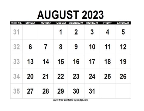 Blank Calendar 2023 August Free Printable