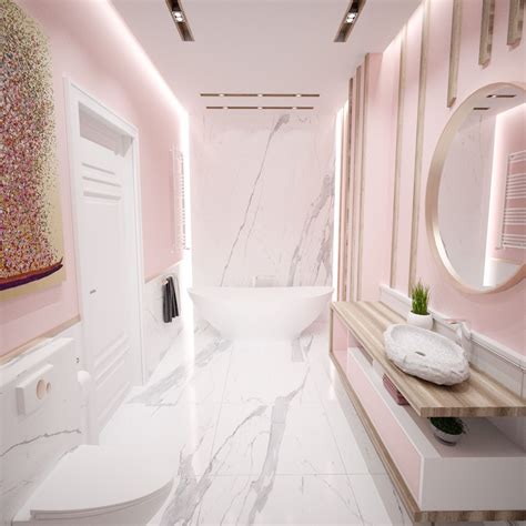 Pink Bathroom With Carrara Marble And Wooden Details