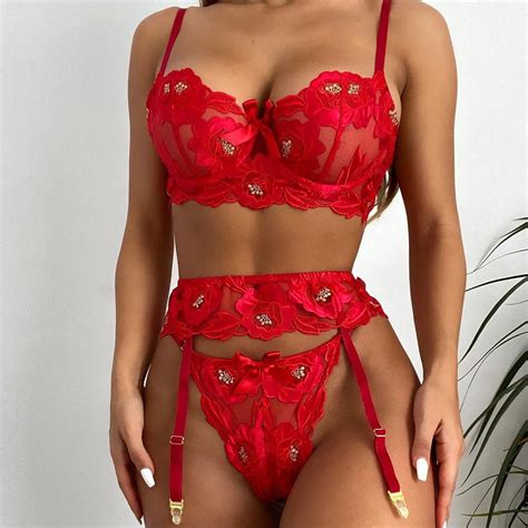 New 3 Piece Set Floral Sensual Lingerie Woman Sexy Embroidery Underwear