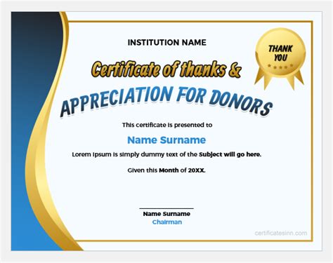 Certificate Of Thanks And Appreciation For Donors Editable