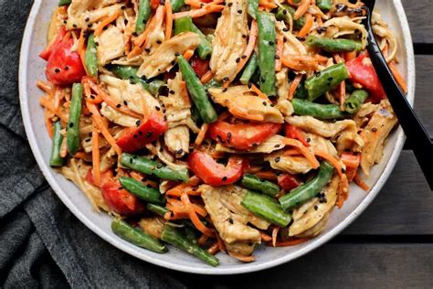 Watch the recipe video above. Chinese Chicken Salad, with veggies and creamy peanut ...