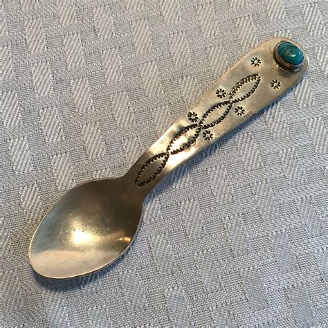 Vintage Signed Navajo Hand Stamped Sterling Silver And Turquoise Spoon Ebay